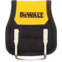 Black and yellow DeWalt hammer loop with metal holder and reinforced stitching.