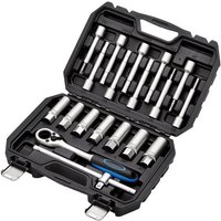 Black plastic case with 19-piece Draper shock absorber strut nut kit, including silver sockets and ratchet handle.