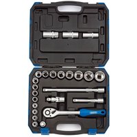 Draper 1/2" square drive metric socket set, 24 pieces in a black and blue hard case with ratchet and extension bars.