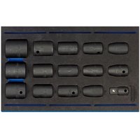 Draper 15-piece impact socket set in black EVA insert tray with 1/2" square drive sockets neatly arranged.