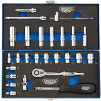 Draper 26-piece square drive metric socket set in blue case, includes ratchet, extension bars, and various sockets.