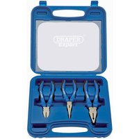 Blue case with Draper Expert logo, containing three heavy-duty pliers with soft grip handles: side cutters, needle nose, and combination.