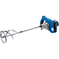 Blue Draper 110V power mixer with 1400W motor, ergonomic handles, and a long silver mixing paddle.