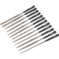 "Draper 12 Piece Needle File Set with black handles and assorted metal file shapes arranged in a row"