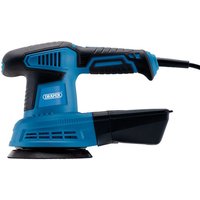 Blue and black Draper 125mm 450W random orbit sander with ergonomic handle and dust collection bag.