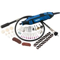 Blue and black Draper rotary multi tool with flexible shaft, sanding discs, polishing pads, and various attachments.