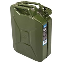 Green Draper 20L steel fuel can with secure cap and handle, rectangular shape, embossed details on the side.