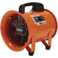 Orange Draper air mover ventilator with black handle, 8-inch diameter, and protective front grille.