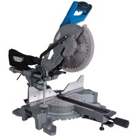 Draper 255mm sliding compound mitre saw, silver with blue handle, double bevel, and black dust bag.
