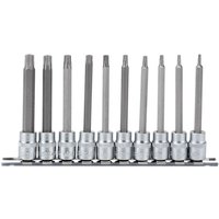 Draper 10-piece TX-STAR socket bit set, silver, 100mm long, mounted on a black rail, with square drive ends.