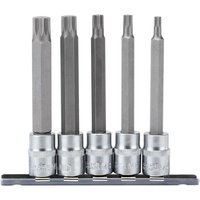 Draper 3/8'' 5 Piece Square Drive 100mm Spline Socket Bit Set with silver sockets and black spline bits on a holder.