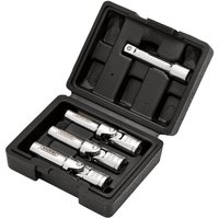 Draper 3/8" drive glow plug socket set with four chrome sockets in a black plastic case.