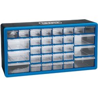 Black and blue Draper 30 Drawer Organiser with clear plastic drawers in various sizes.