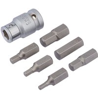 Silver Draper 7 piece metric hexagon bit set with 1/2" square drive, featuring six hex bits and one socket adapter.