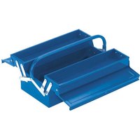 Blue Draper 430mm cantilever tool box with two trays and metal handle, open to show compartments.