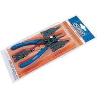 Draper 5 Piece Circlip Pliers Set with blue handles and interchangeable tips in a clear plastic packaging.