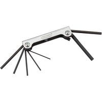 Draper 7 Piece Metric Hexagon Pocket Key Set with black hex keys and silver holder, compact and foldable design.