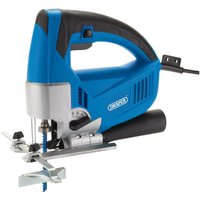 Blue and black Draper 750W orbital jigsaw with ergonomic handle and visible blade, corded power supply.