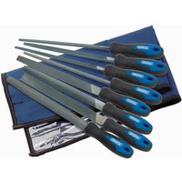 Draper 8-piece engineers file and rasp set, 200mm, with blue soft grip handles, displayed on a blue tool roll.