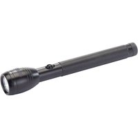 Black Draper aluminium torch with LED bulb, cylindrical body, and push-button switch.