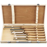 Wooden box with six HSS woodturning chisels, light wood handles, and metal blades by Draper.