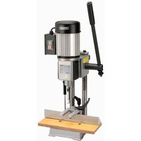 Draper BM13C 1/2'' bench morticer, silver and black with a wooden base, vertical lever, and 370W motor.