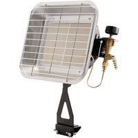 Rectangular Draper propane space heater with metal grill, mounted on a black bracket, featuring control knob and valve.