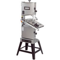Draper BS305 bandsaw with silver body, black base, adjustable table, and two wheels, 750W power, 305mm blade size.