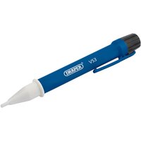 Blue Draper Cat III Non Contact Voltage Tester with white tip and black cap, featuring a pocket clip.