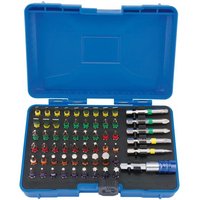 Draper 60-piece screwdriver bit set with colored bits and magnetic holder in a blue plastic case.