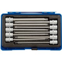 Blue case with Draper 3/8'' drive 10-piece TORX-STAR socket bit set, silver sockets in foam lining.