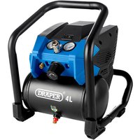 Blue and black Draper D20 20V compressor with 4L tank, pressure gauge, and sturdy handle frame.