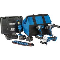 Draper D20 20V workshop kit with blue-black tools, two batteries, fast charger, tool bag, and black case.