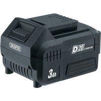 Black Draper D20 20V lithium-ion battery with 3.0Ah capacity, featuring a compact rectangular design and textured grip.