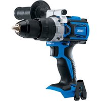 Blue and black Draper D20 20V brushless combi drill, bare unit, with ergonomic grip and side handle.