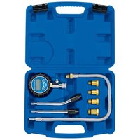 Blue Draper digital petrol compression test kit with gauge, hoses, and brass adapters in a plastic carrying case.