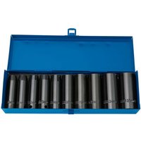 Draper Expert deep impact socket set, 10 black sockets in a blue metal case, 1/2" square drive, Hi-Torq metric design.