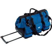 Blue Draper Expert 550mm rolling tool bag with black handles, multiple pockets, and retractable handle.