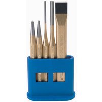 Draper Expert 5-piece chisel and punch set with gold-toned steel tools in a blue holder.