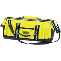 Yellow Draper Expert tool bag, 600mm, with black base, multiple pockets, shoulder strap, and zippered top.
