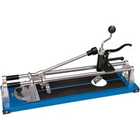 "Draper Expert 3 in 1 tile cutter with blue base, silver cutting rails, adjustable handle, and measurement guide."