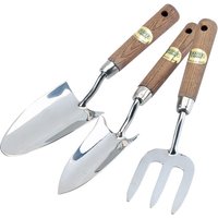 Stainless steel hand fork and trowels set with polished ash wood handles, featuring three gardening tools.