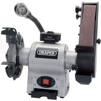 Gray Draper bench grinder with 150mm wheel, 50mm sanding belt, and adjustable worklight on flexible arm.