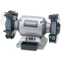Silver Draper GHD200 bench grinder with dual grinding wheels and protective eye shields.