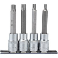 Draper spline socket bit set with four silver 1/2'' drive bits on a black holder, hexagonal shafts.