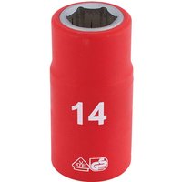 Red Draper 1/2" drive fully insulated VDE socket, 14mm, with white "14" marking and safety certification symbols.