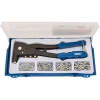 Black and blue Draper hand riveter kit with assorted aluminium rivets in a transparent-lid blue plastic case.