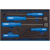 Draper IT-EVA24 set with blue-handled scrapers and removers in foam tray, featuring various blade shapes.