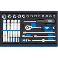 Draper 32-piece socket set with silver sockets, black handles, and ratchet in a blue and black organizer tray.