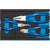 Blue-handled Draper IT-EVA6 plier set with three heavy-duty pliers in a black foam tray.